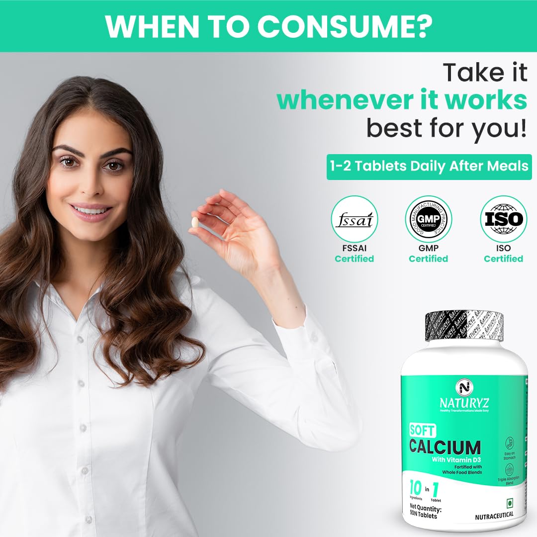 Woman holding a bottle of Naturez Soft Calcium supplement with certification logos on a gray background.