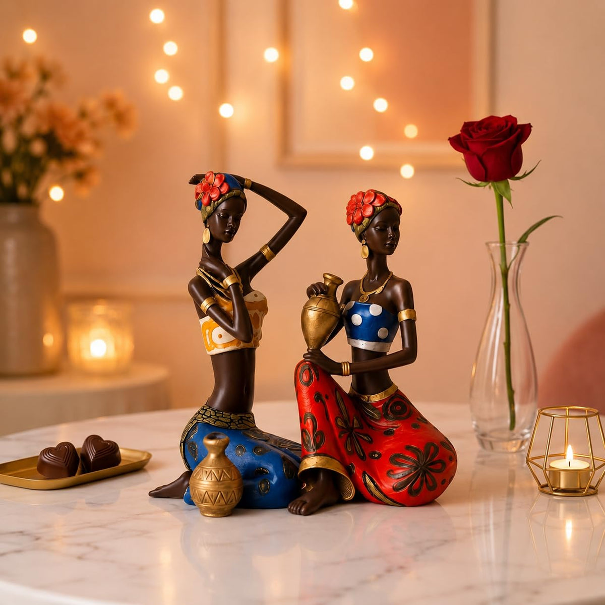 African Lady Statue with Pot| Graceful and Cultural Home Décor (Pack of 2, Red, Blue)