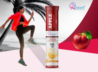 ACV Apple Cider Vinegar Effervescent Fizz 15 Tablets - For Weight Loss | Refreshing Detox & Metabolism Boost, No added Sugar (Pack of 1), Orange Flavour