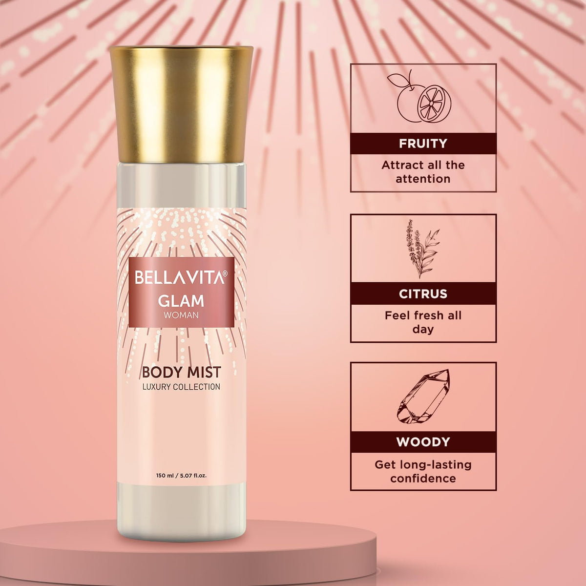Bellavita Glam body mist bottle with features on a pink background