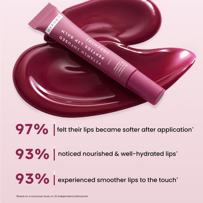 Pink lip balm with a heart-shaped container on a pink background, featuring customer feedback text.