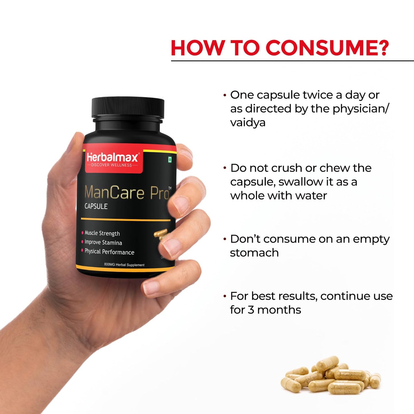 Herbalmax ManCare Pro Capsules – 800mg | With Safed Musli, Shilajit, Ashwagandha, Vaidarikandra & Kaunch Beej Extract | Supports Muscle Strength, Stamina & Physical Performance – 30 Capsules