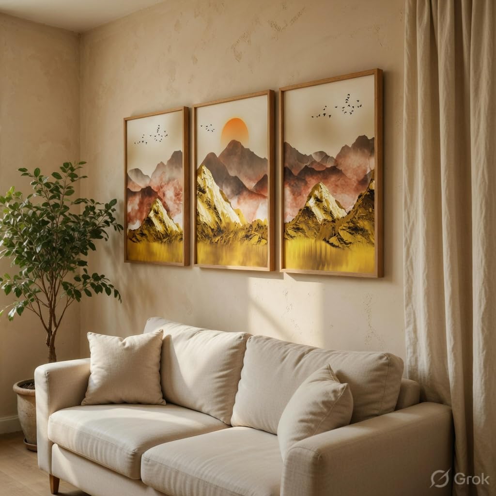Golden Mountain Landscape Wall Painting Set of 3 with Wooden Frames | Abstract Sunrise Mountain Artwork HD Sparkle Laminated MDF Wall Decor | Modern Nature Wall Art for Living Room