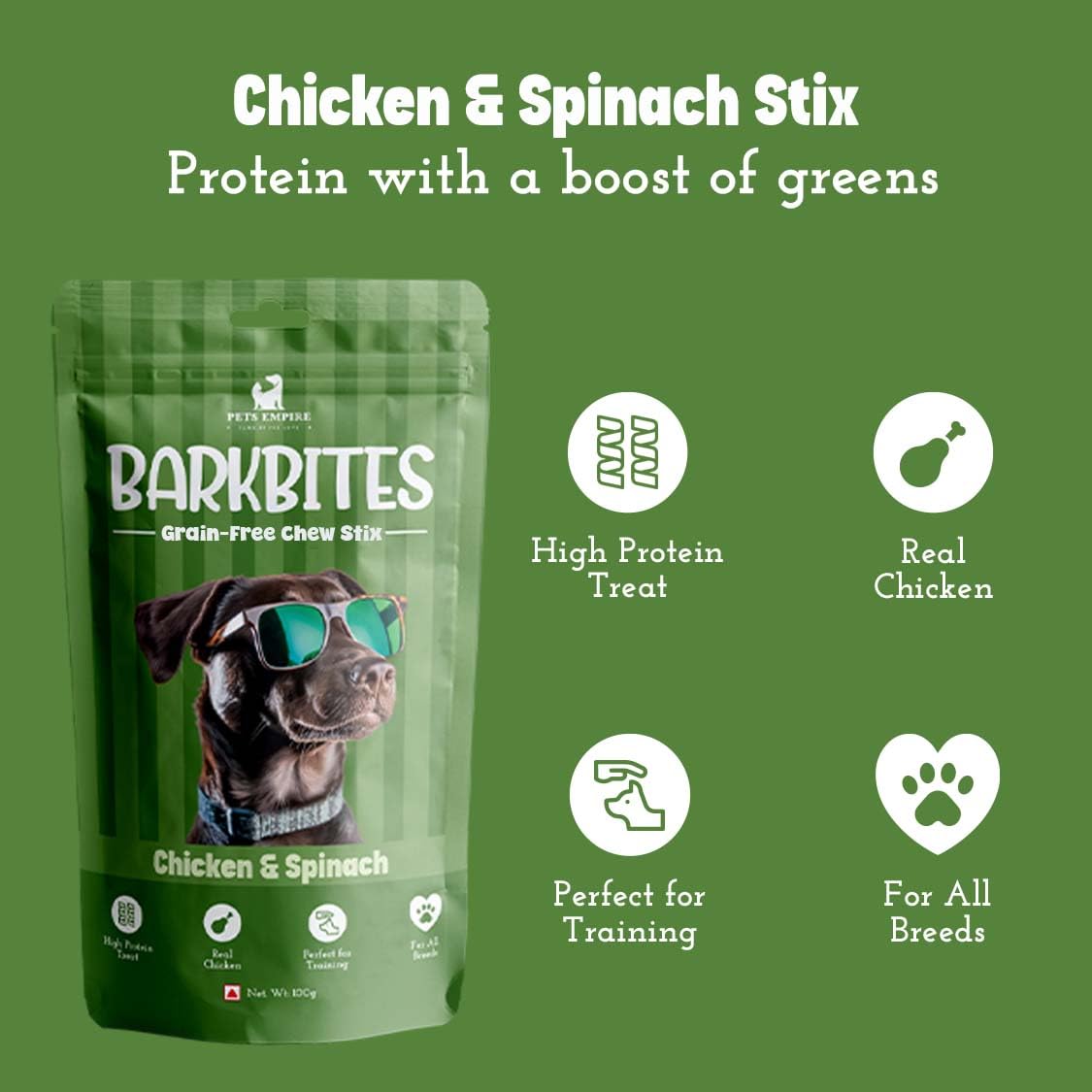 PETS EMPIRE BARKBITES Chicken & Spinach Dog Chew Sticks | Healthy Grain-Free Dog Treats | High Protein + Fiber Rich Training Snacks | Soft Chews for Puppies & Adult Dogs | 100g
