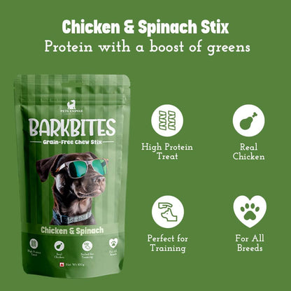 PETS EMPIRE BARKBITES Chicken & Spinach Dog Chew Sticks | Healthy Grain-Free Dog Treats | High Protein + Fiber Rich Training Snacks | Soft Chews for Puppies & Adult Dogs | 100g