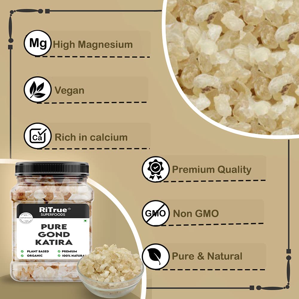 Ritrue Superfoods - Gond Katira Pure (Edible Gum) - 300 Gm - tragacanth Crystals | 100% Natural | badam Pisin Almond Gum