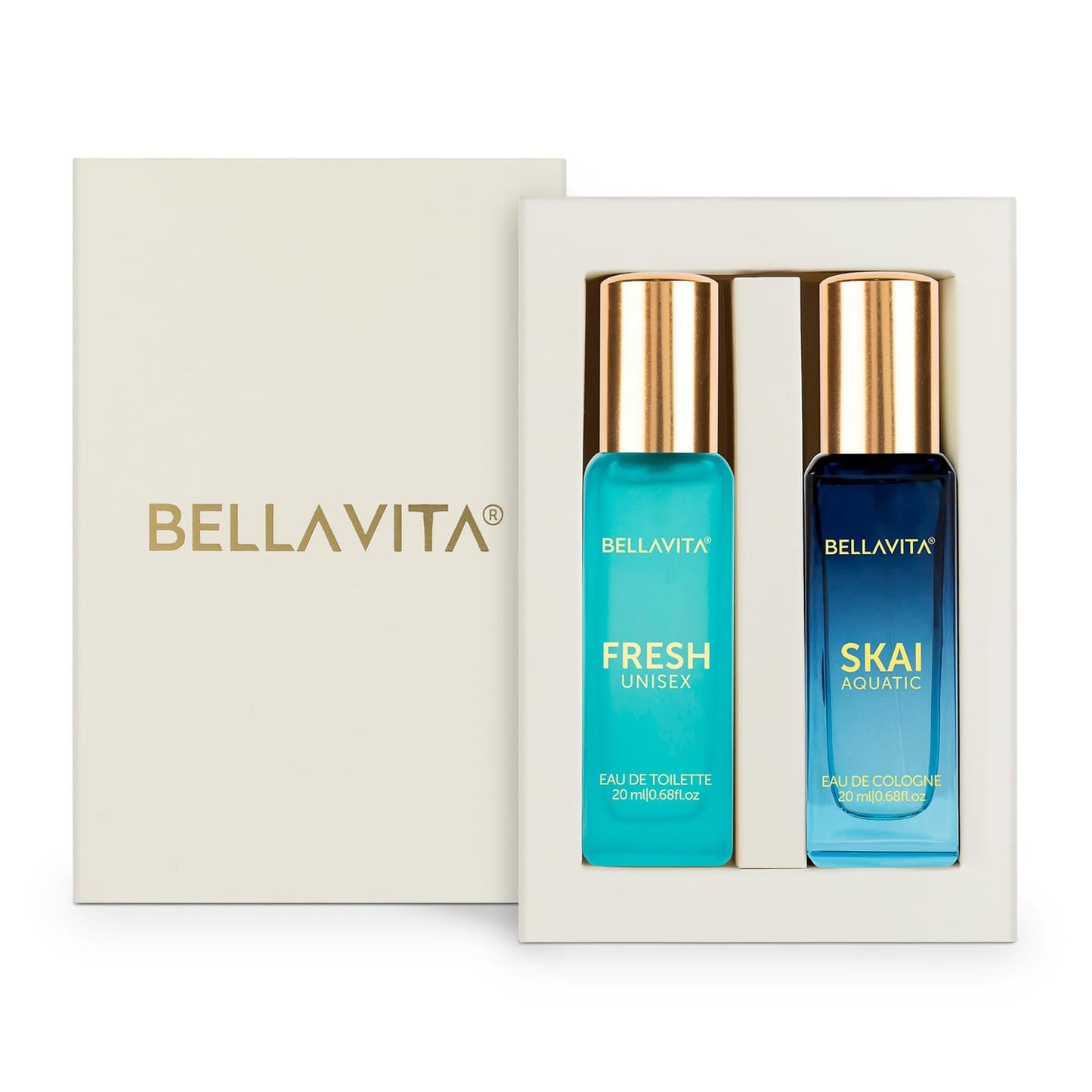 Two Bellavita perfume bottles in a box on a white background