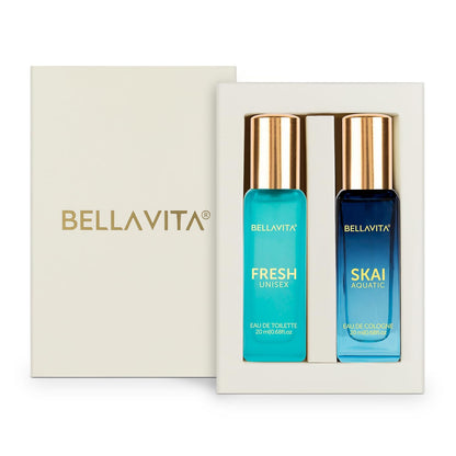 Two Bellavita perfume bottles in a box on a white background