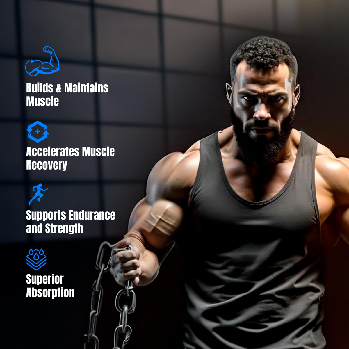Muscular man holding a chain with fitness benefits text on a dark background