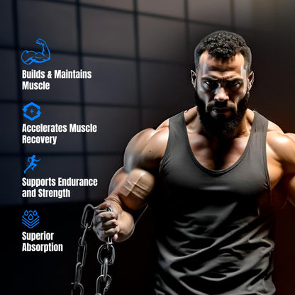 Muscular man holding a chain with fitness benefits text on a dark background