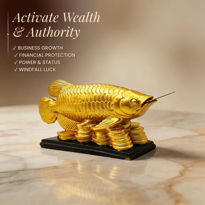 Plus Value Feng Shui Golden Arowana Fish Statue Showpiece with Coin in Mouth Wealth Symbol, Protects Mishaps, Troubles Vastu Products Home & Office Decor Decoration Gifting (Fiber)