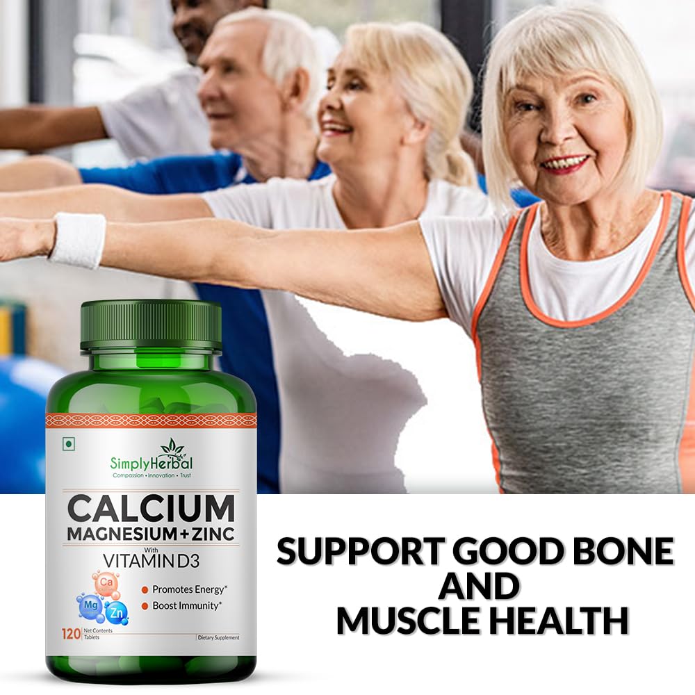 Simply Herbal Calcium Magnesium Zinc Vitamin D3 Supplement Tablet for Men & Women With Vitamin B12 Promote Bone Density & Muscle Growth Helps to Fight Bone Loss 120 Tablets