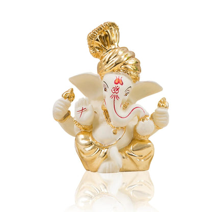 Gold Art India 3 x 3, Gold and Off White Ganesh Idol for Car Dashboard Ganesha Murti Ganpati Idol for Home Decor Puja Lord Ganesh Statue Gift for Office Desk Puja Room Figurine, Synthetic Resin, Idol