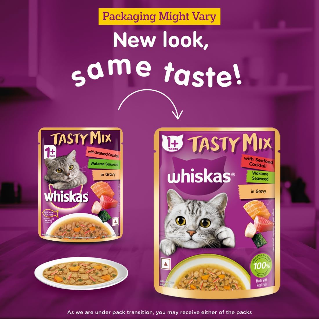 Whiskas Tasty Mix Adult (1+ year) Wet Cat Food, Seafood Cocktail Wakame Seaweed in Gravy, 70 g, Cat Food Made with Real Fish, Complete & Balanced Nutrition for Adult Cats