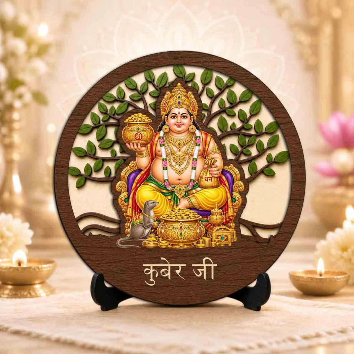 Plan To Gift Kuber Ji Round Wooden Devotional Idol with Stand for Puja Room, Home Decor & Religious Gift - 5x5 Inch