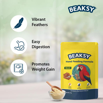 BEAKSY Boost Hand Feeding Formula for Baby Birds | for Conures, Grey Parrots & Macaws | Promotes Weight Gain, Vibrant Feathers & Easy Digestion (250gm)