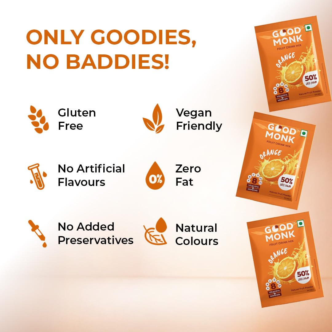 Good Monk Fruit Drink Mix (Natural Orange Powder), 50% Less Sugar with 8 Vitamins & Minerals (Vitamin B12, C, D, Iron & more) | Tasty, Healthy & Tangy Drink Mix for Hydration, Energy, Immunity, 24 Sachets