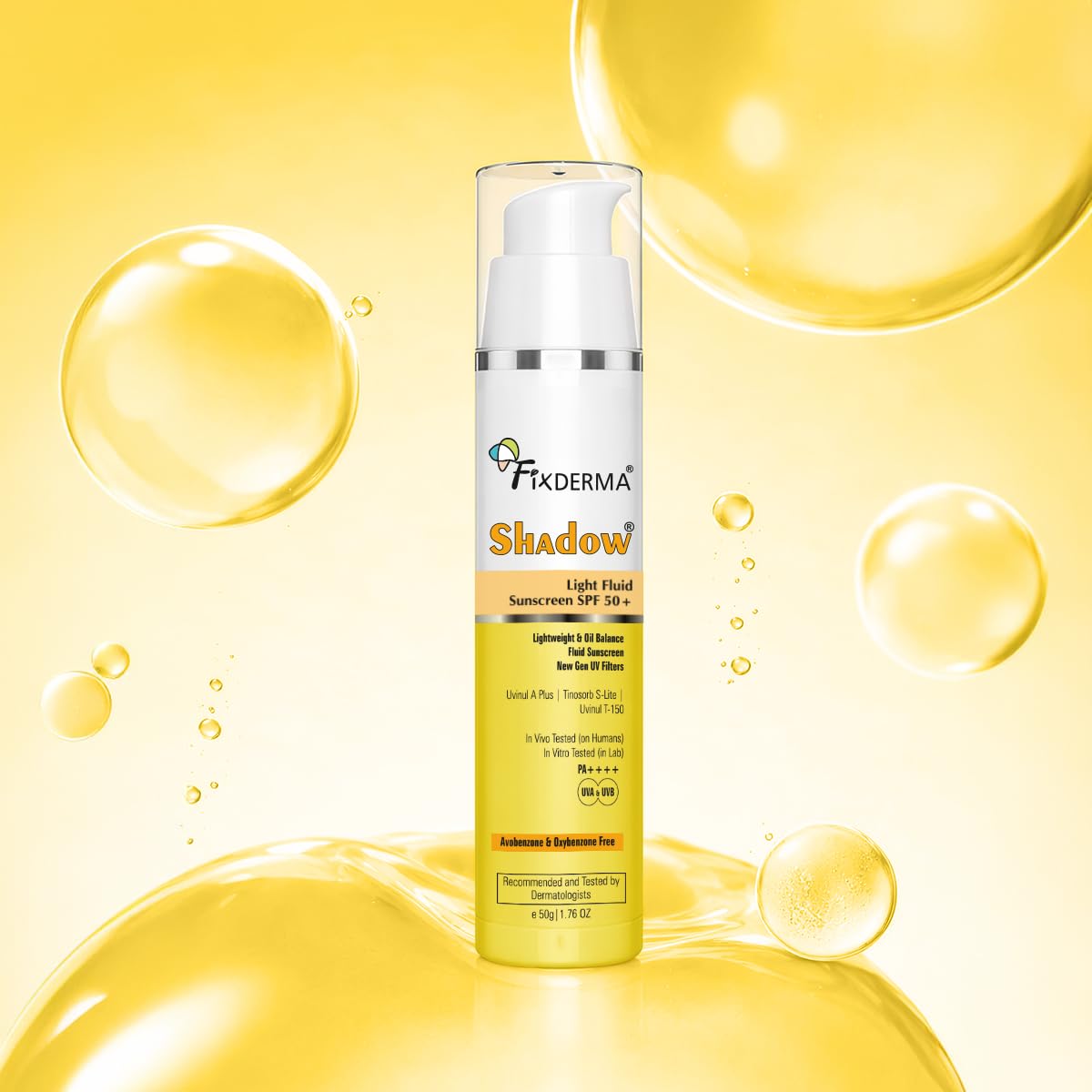 Fixderma Shadow Light Fluid Sunscreen SPF 50+ & PA++++, Lightweight & Oil Free, Clinically Tested in-Vivo, for Oily Skin, Sensitive, No White Cast, UVA/UVB Protection - 50g