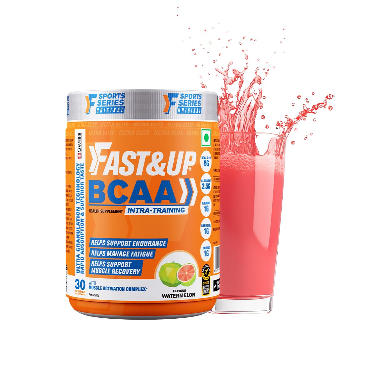 FAST&UP BCAA Watermelon Flavour Advanced BCAA Supplement with Glutamine, Citrulline, L-Arginine & Taurine - Pre/Post Workout & Intra Workout Supplement Powder for Adults(450gm, 30 Servings)
