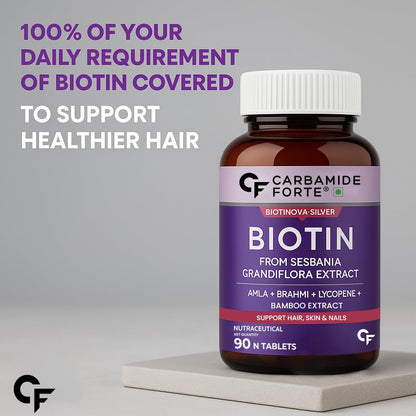 Carbamide Forte Biotin Tablets for Hair Growth with Amla, Brahmi & Bamboo Extract | Hair Growth Tablet | Hair Vitamins | Hair Supplements for Women & Men - 90 Veg Tablet
