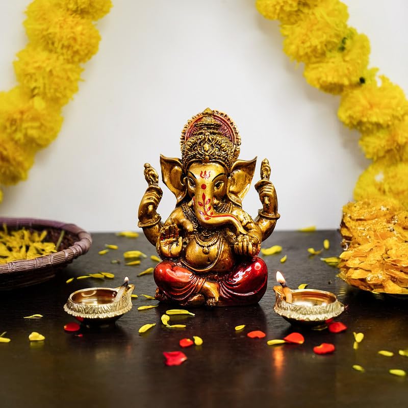 Aura Series Antique Gold Painted Ganesha Idol (5 inch) | Marble Dust Ganesh Murti for Pooja Room, Home Decor, Office Desk | Resin Vinayagar Statue for Diwali Puja | Vinayaka Idol for Gifting