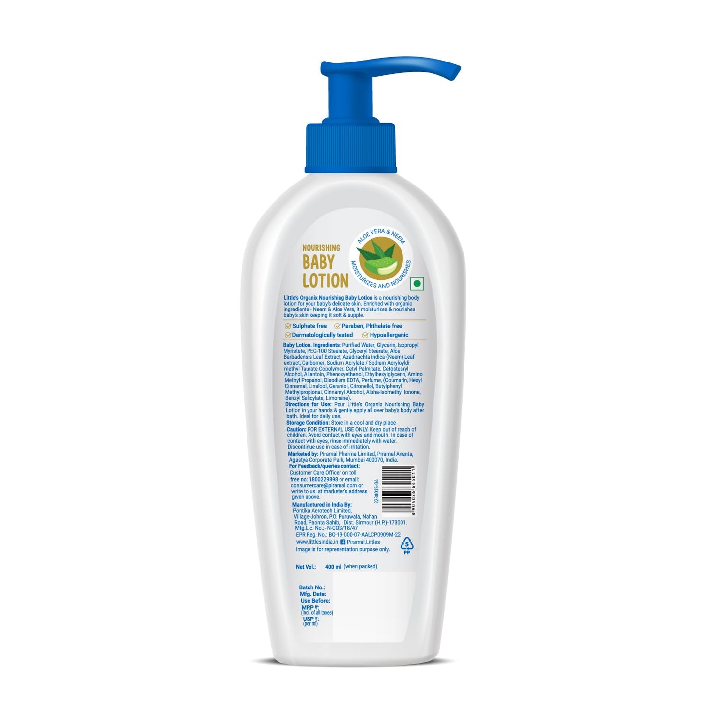 Little's Organix Nourishing Baby Lotion 400 ml | pH 5.5 | with Aloe Vera & Allantoin | Long-Lasting Moisturisation | Dermatologically Tested | Non-Sticky and Light | No Parabens, No Phthalates