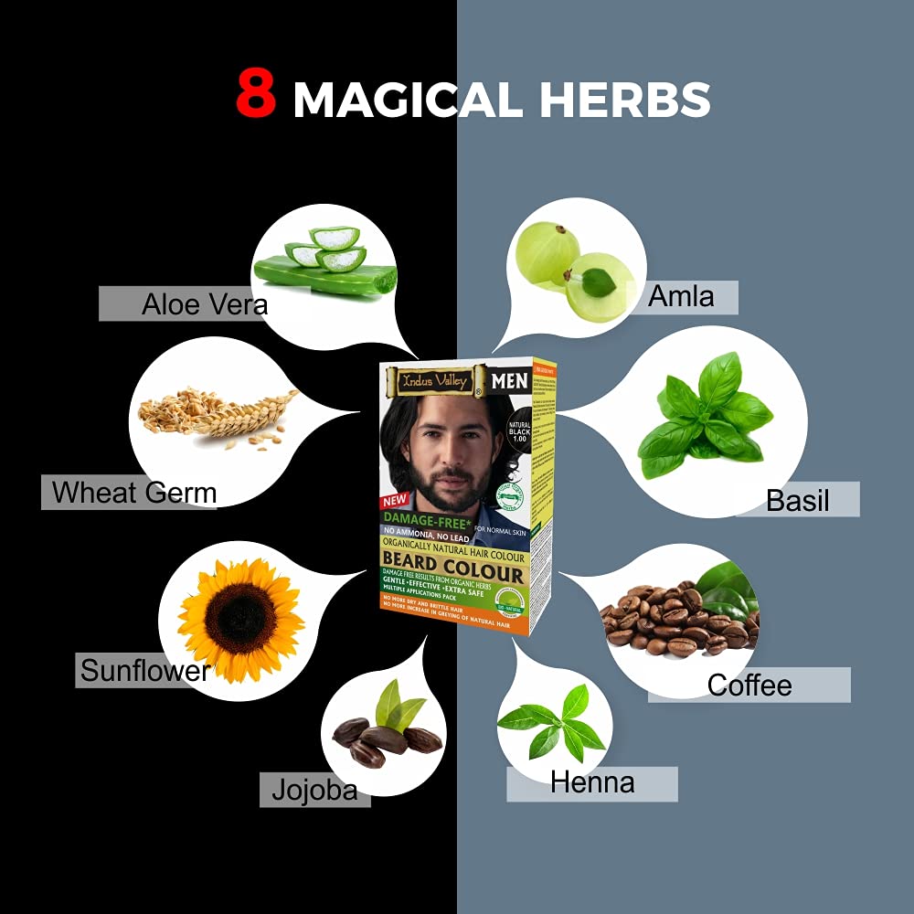 Beard color product with herbs on a black and blue background