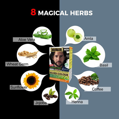 Beard color product with herbs on a black and blue background