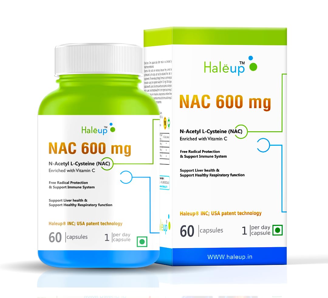 Haleup NAC 99% (N-Acetyl Cysteine) 600 mg, Haleup INC USA, 60 capsules, enriched with Vitamin C for Glutathione Production, Respiratory Health, Liver Detox, Antioxidant Support