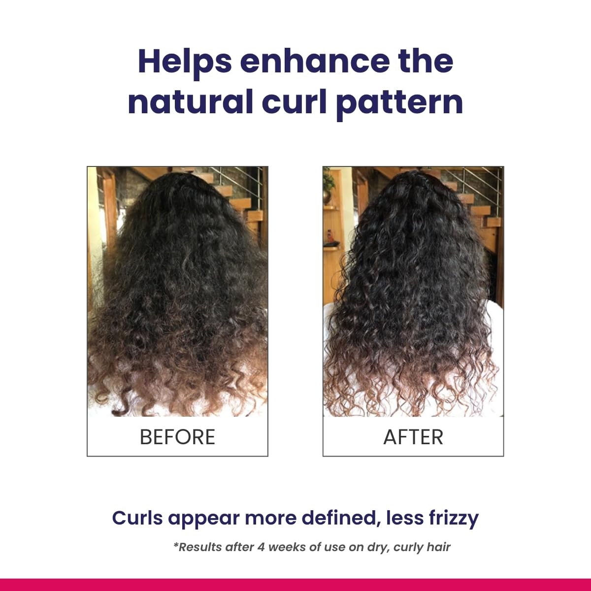Before and after comparison of hair with text highlighting product's effect on curl pattern.