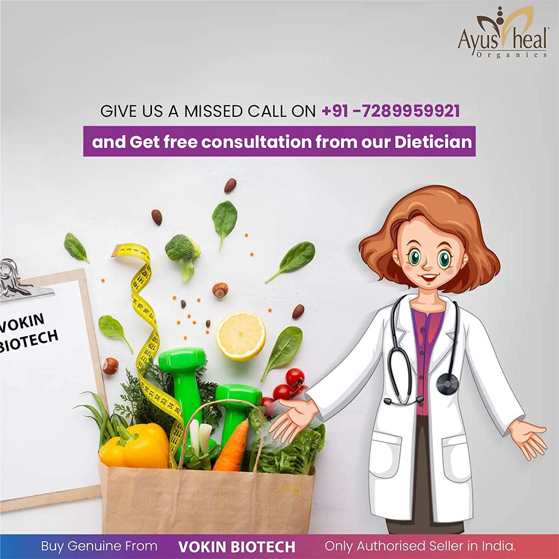 Illustration of a cartoon doctor with health-related items and contact information for a free consultation.