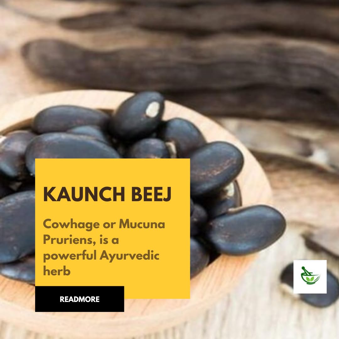 Wooden bowl with black seeds labeled 'Kaunch Beej' on a wooden background