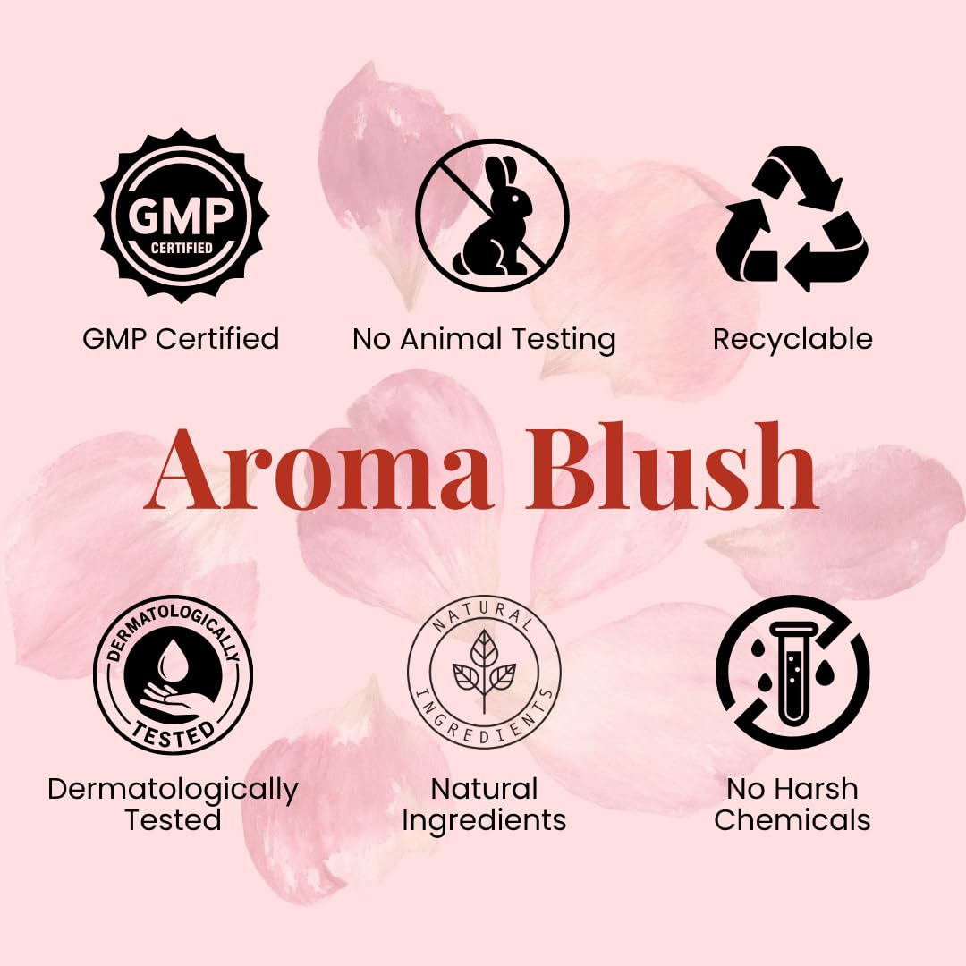 Product label for 'Aroma Blush' with certification icons on a pink background