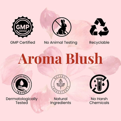 Product label for 'Aroma Blush' with certification icons on a pink background