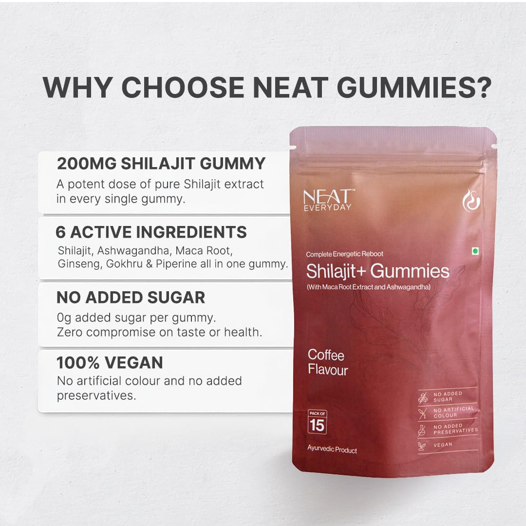 NEAT EVERYDAY Shilajit+ Gummies with Maca Root Extract & Ashwagandha | Coffee Flavour | No Added Sugar | Vegan | No Artificial Colour & Preservatives | Ayurvedic Supplement | Pack of 15 Gummies