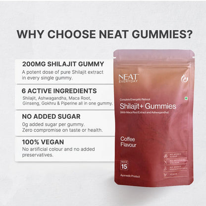 NEAT EVERYDAY Shilajit+ Gummies with Maca Root Extract & Ashwagandha | Coffee Flavour | No Added Sugar | Vegan | No Artificial Colour & Preservatives | Ayurvedic Supplement | Pack of 15 Gummies