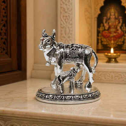 Gold Art India Kamdhenu Cow and Calf Idol | Silver Finish Decorative Murti | 7.62 cm x 7.62 cm | Sacred Gau MATA Statue for Home Temple & Gift