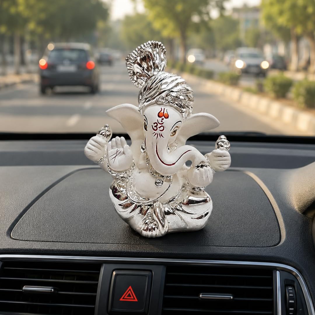 Gold Art India Ceramic Pagdi Ganesh Idol For Car Dashboard Small Ganesha Murti Ganpati Idol For Home Decor Puja Lord Ganesh Statue Gift For Office Desk Puja Room Figurine, 6X4X3Cm, Silver, Idol