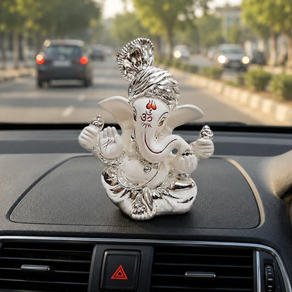 Gold Art India Ceramic Pagdi Ganesh Idol For Car Dashboard Small Ganesha Murti Ganpati Idol For Home Decor Puja Lord Ganesh Statue Gift For Office Desk Puja Room Figurine, 6X4X3Cm, Silver, Idol