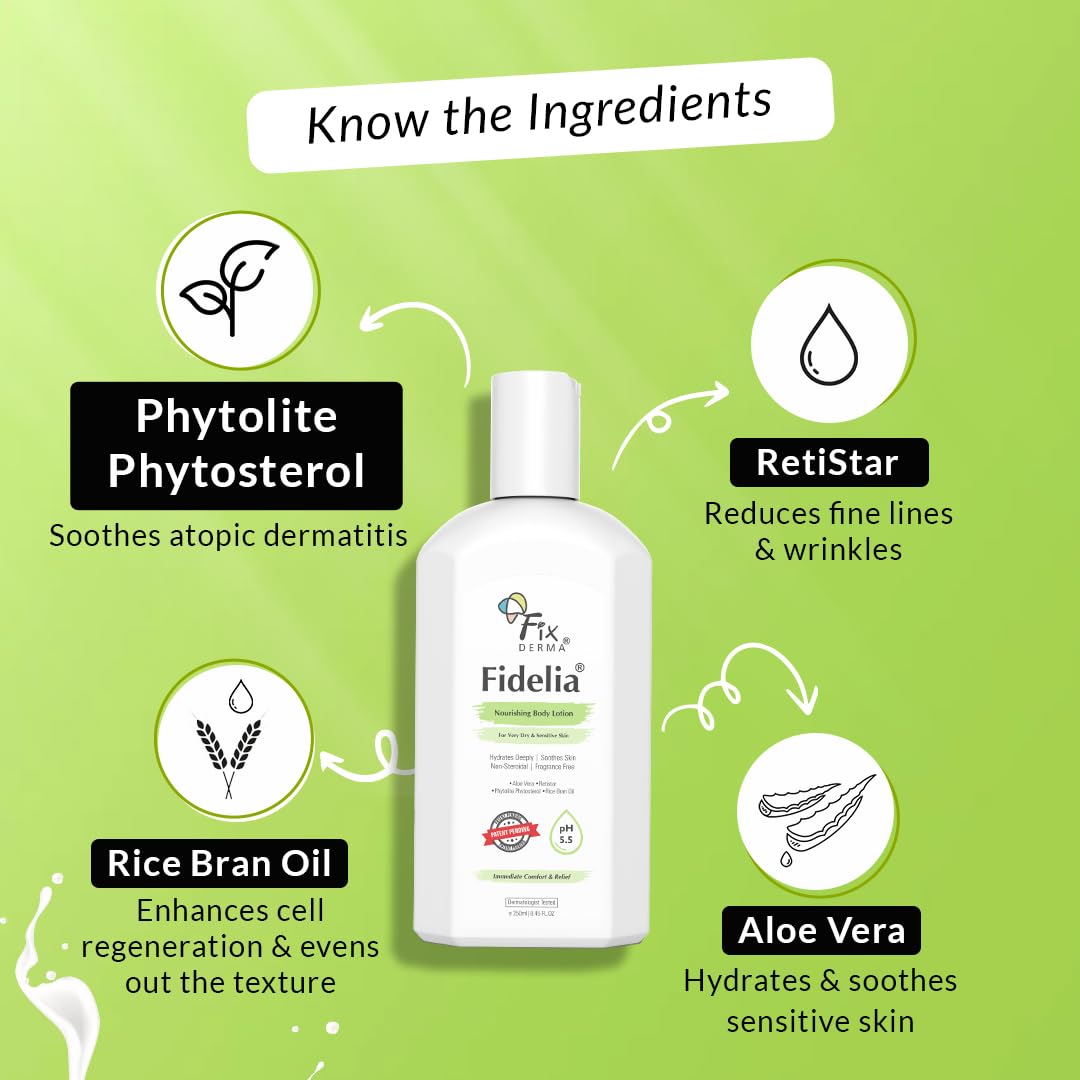 Fixderma Fidelia Nourishing Body Lotion | Moisturizer for face & Body | Body lotion for Women & Men | Body Lotion for Sensitive & Very dry skin with Rice Brain Oil & Aloe vera - 250ml