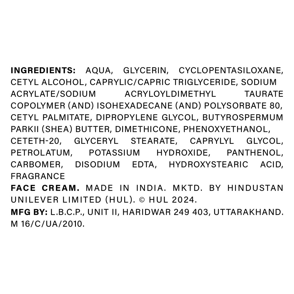 List of ingredients for a face cream with brand information on a white background