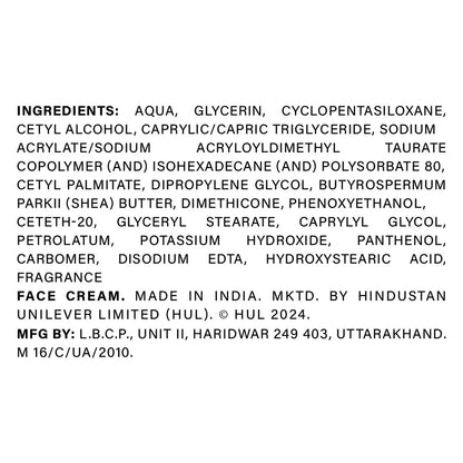 List of ingredients for a face cream with brand information on a white background