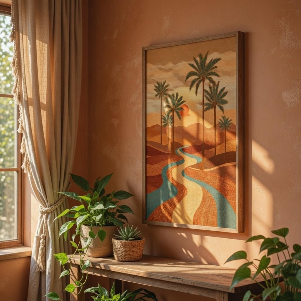 Desert Sunset Palm Tree Wall Art with Wooden Frame | Aesthetic Landscape Painting with River & Sunset | HD UV Laminated Print on MDF for Living Room Bedroom Office Decor 13.5 x 19.5 Inch