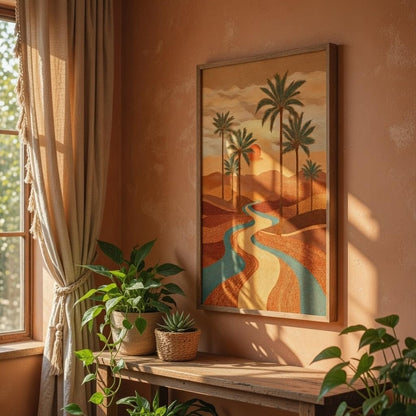 Desert Sunset Palm Tree Wall Art with Wooden Frame | Aesthetic Landscape Painting with River & Sunset | HD UV Laminated Print on MDF for Living Room Bedroom Office Decor 13.5 x 19.5 Inch