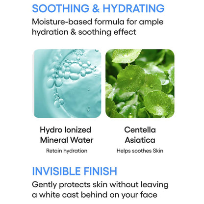 Product description with hydro ionized mineral water and Centella Asiatica images on a white background.