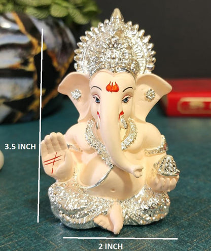 Gold Art India 999 Silver Plated Ganesh Idol for Car Dashboard God Ganesha Idol for Home Decor Ganpati for Gift Home Office Table Shelves Gifting 3.5 inches (Silver) (Silver Cherry Blossom), Idol