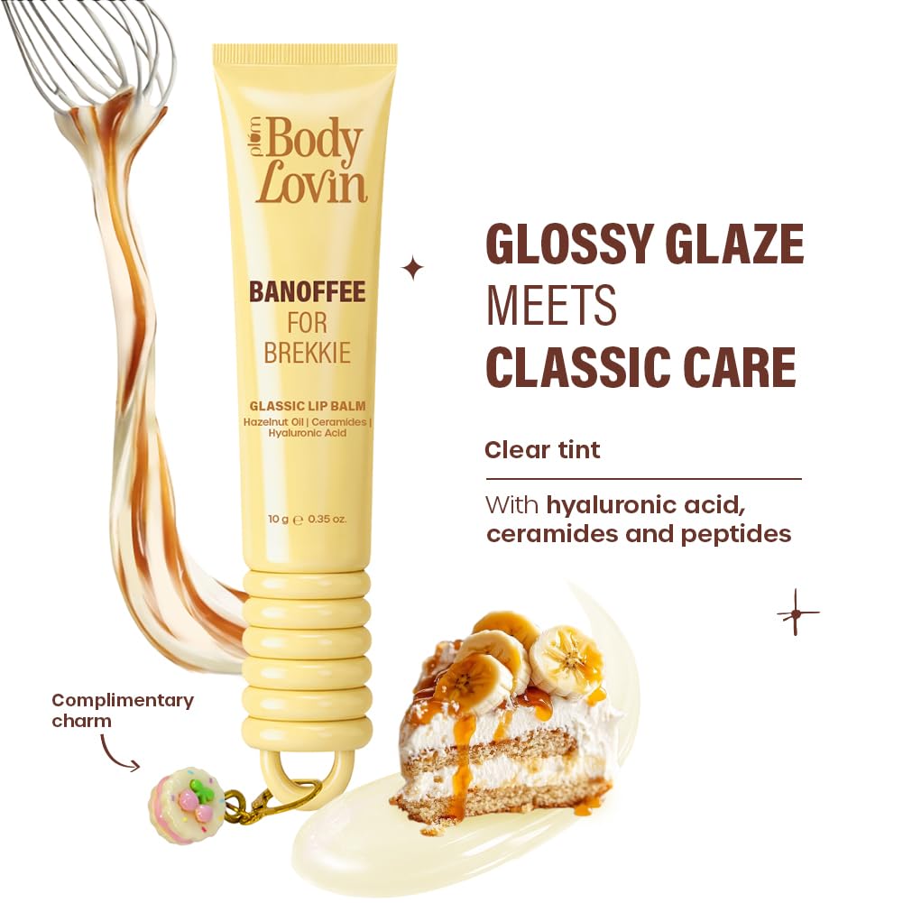 Plum BodyLovin’ Banoffee For Brekkie Glassic Lip Balm | Banana Toffee Nude Gloss Tint | Hydrating Lip Balm with Hazelnut Oil, Ceramides & Hyaluronic Acid | Moisturizes Dry & Chapped Lips | 10 g