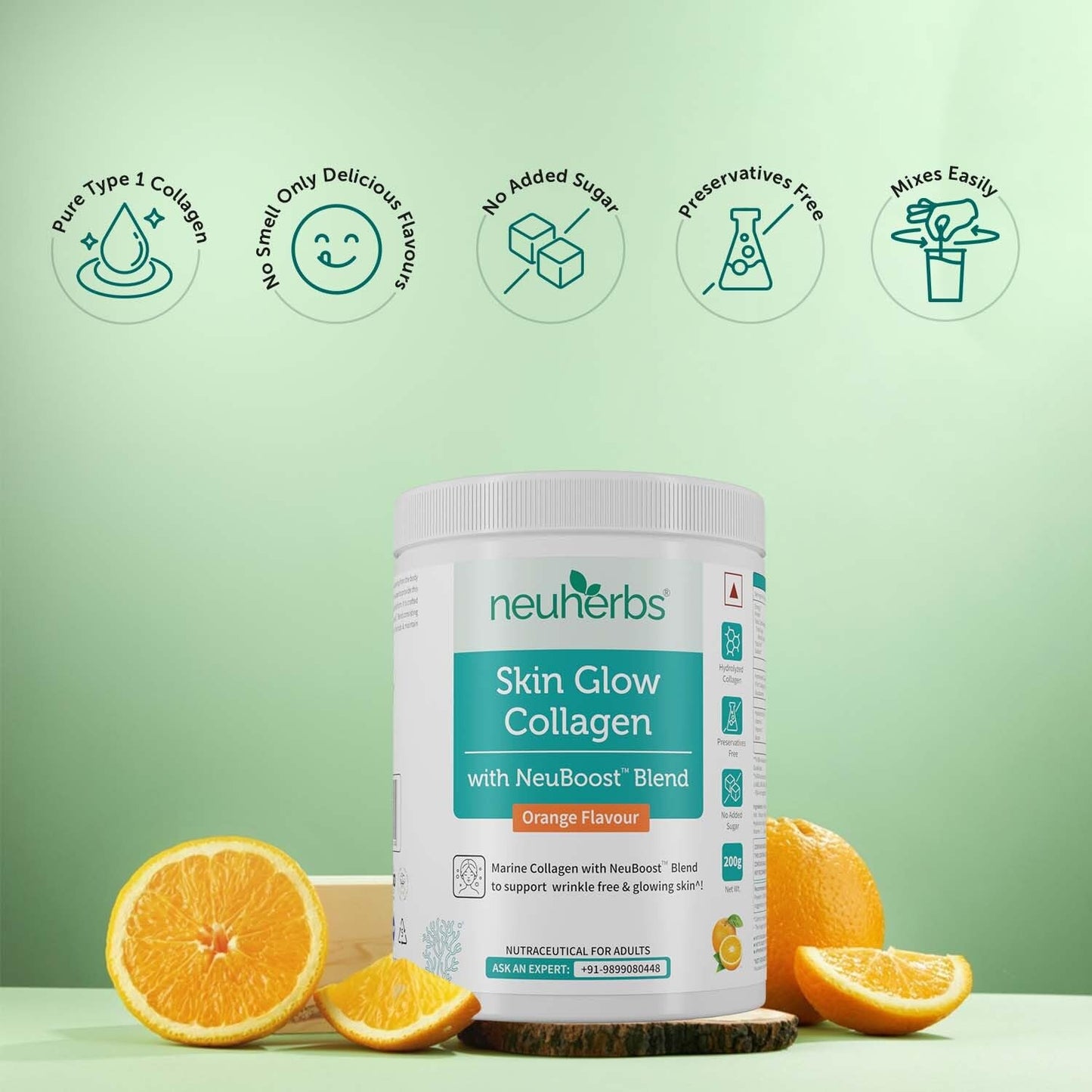 Neuherbs Collagen Supplement | Marine Skin Glow Collagen Peptides for Men & Women | With Hyaluronic Acid, Biotin, Vitamin C & E for Glowing & Youthful Skin | Orange Flavour, 200g