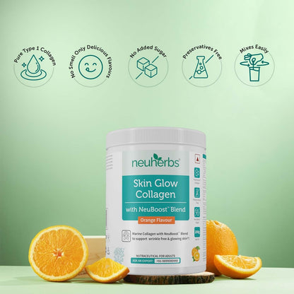 Neuherbs Collagen Supplement | Marine Skin Glow Collagen Peptides for Men & Women | With Hyaluronic Acid, Biotin, Vitamin C & E for Glowing & Youthful Skin | Orange Flavour, 200g