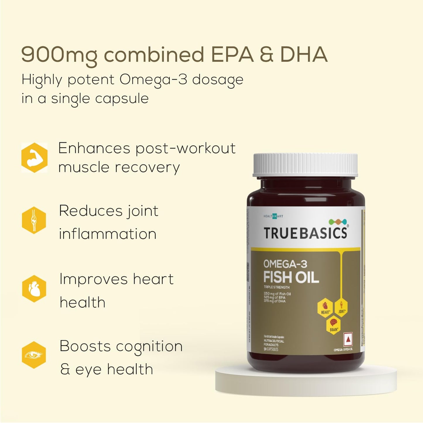 TrueBasics Omega-3 Fish Oil bottle with benefits listed on a beige background